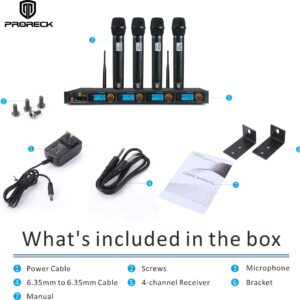 PRORECK MX44 4-Channel UHF Wireless Microphone System with 4 Hand-held Microphones Karaoke Machine for Party/Wedding/Church/Conference/Speech