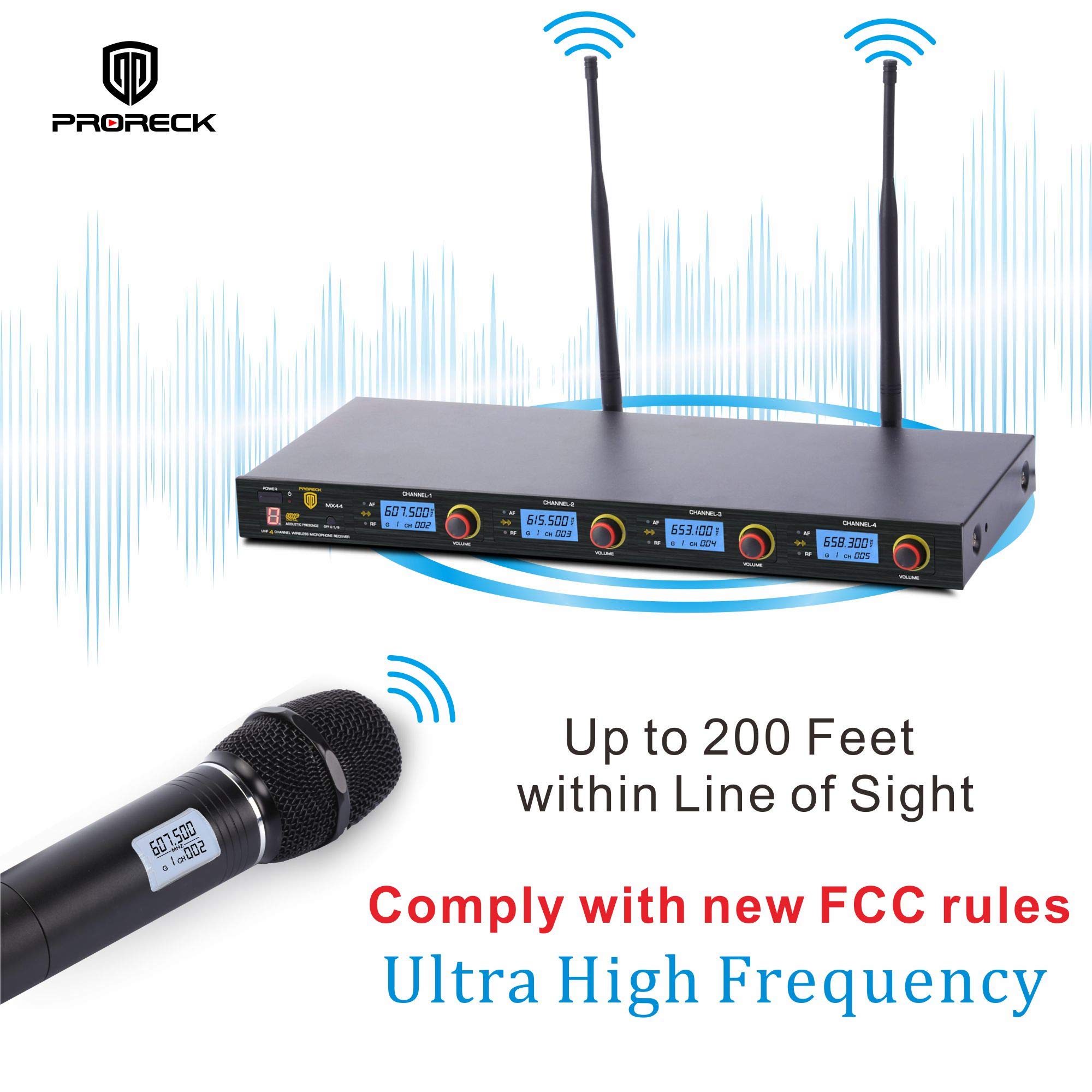 PRORECK MX44 4-Channel UHF Wireless Microphone System with 4 Hand-held Microphones Karaoke Machine for Party/Wedding/Church/Conference/Speech