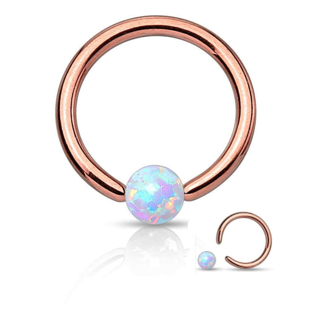 Amelia Fashion 16 Gauge Rose Gold Captive Bead Ring Round Synthetic Opal 316L Surgical Steel (Rose Gold & Opal)