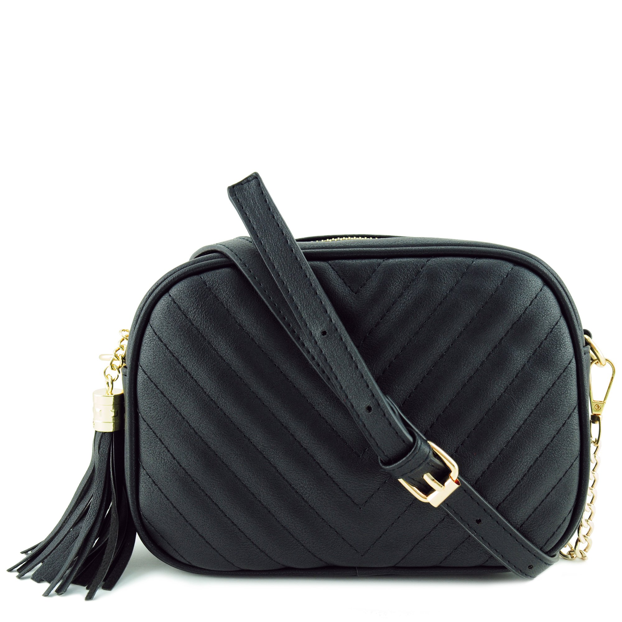 Simple Shoulder Bag Crosbody with Metal Chain Strap and Tassel Top Zipper (Black)