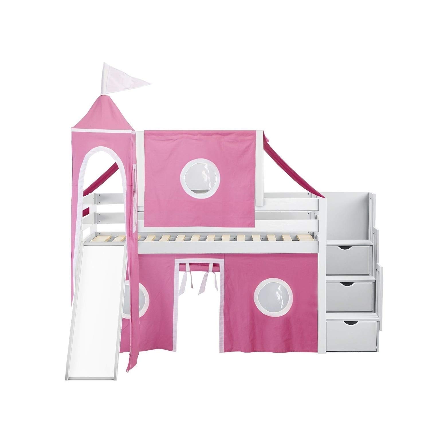 JACKPOT! Princess Low Loft Stairway Bed with Slide Pink & White Tent and Tower, Loft Bed, Twin, White