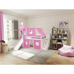 JACKPOT! Princess Low Loft Stairway Bed with Slide Pink & White Tent and Tower, Loft Bed, Twin, White