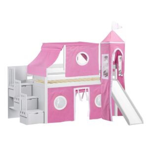 JACKPOT! Princess Low Loft Stairway Bed with Slide Pink & White Tent and Tower, Loft Bed, Twin, White