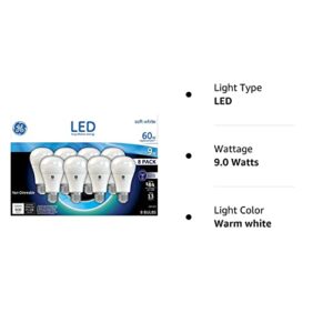 GE Lighting LED A19 Light Bulb with Medium Base, 9-Watt, Soft White, 8-Pack, Non-dimmable