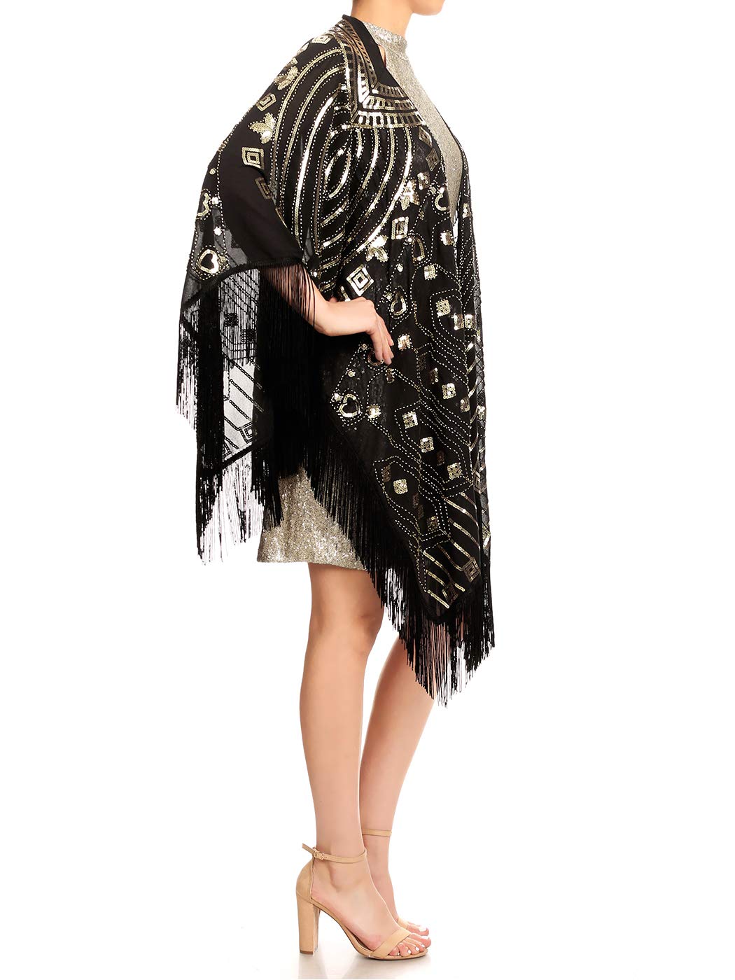 Anna-Kaci Womens Oversized Gatsby Hand Beaded Fringed Sequin Evening Shawl Wrap, Black+Gold, Onesize