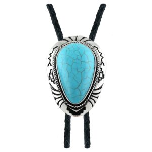 quke native western blue natural turquoise stone bolo tie handmade genunie leather for men women