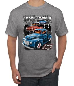 ford f1 american made built tough cars and trucks men's graphic t-shirt, heather grey, large