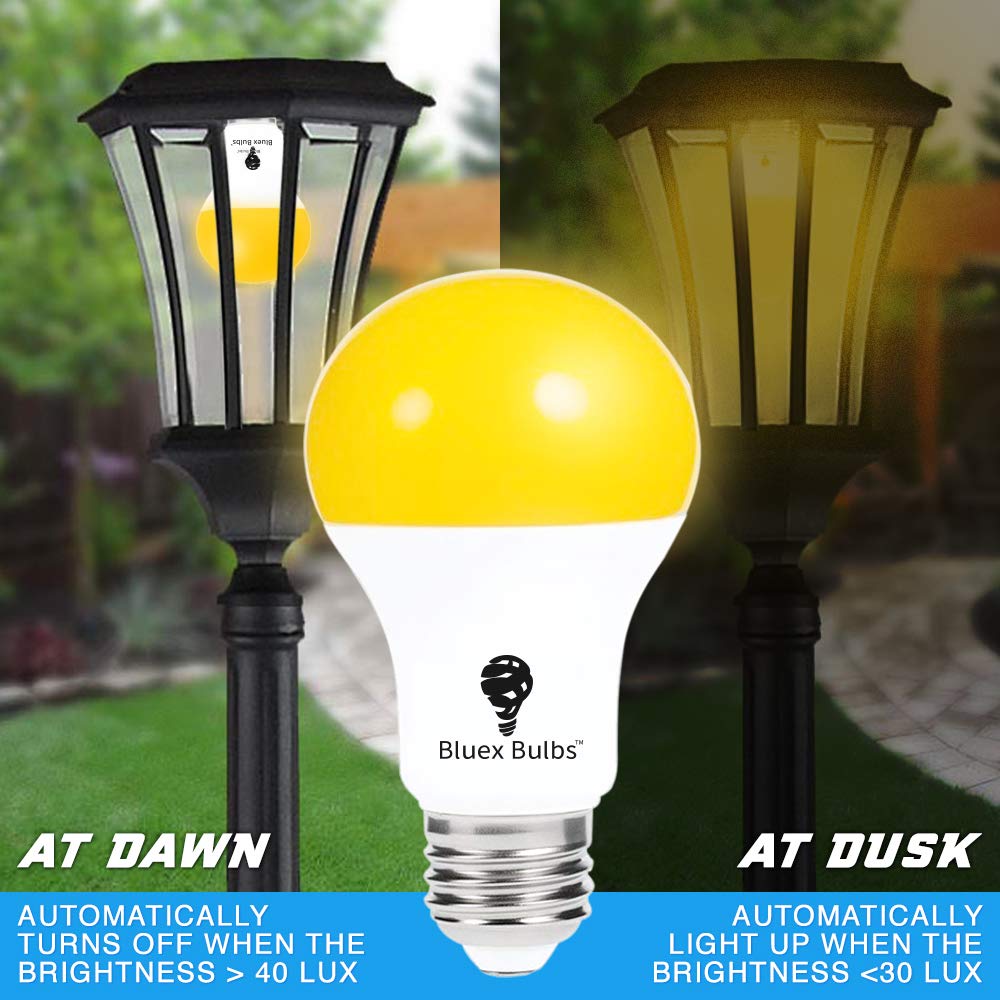 2 Pack LED Dusk to Dawn A19 Bug Light Bulbs, Yellow Bulb, Amber Light with Automatic Sensor Bulb, LED Porch Lights Security Bulb, Auto on/Off, 2000K E26, 500 Lumens