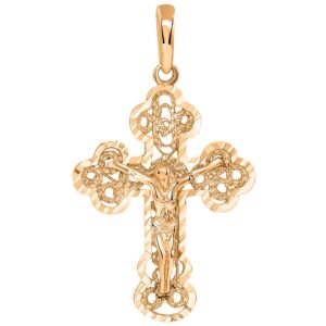 Jewelry America Solid 14k Rose Gold Filigree Eastern Orthodox Cross Crucifix Pendant Necklace, 16"