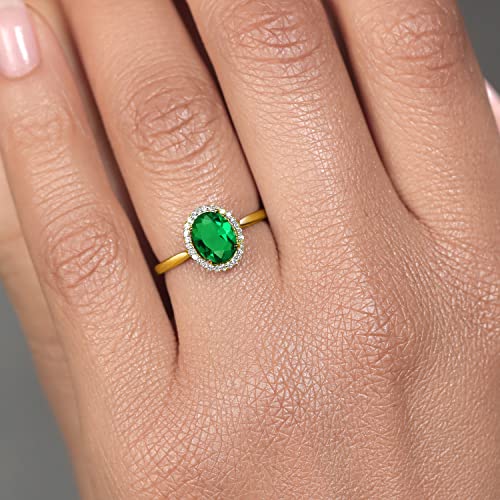 Gem Stone King 10K Yellow Gold 8X6MM Oval Gemstone Birthstone and White Diamond Halo Engagement Ring | Wedding Anniversary Promise Gold Ring For Women | Available In Size 5-10