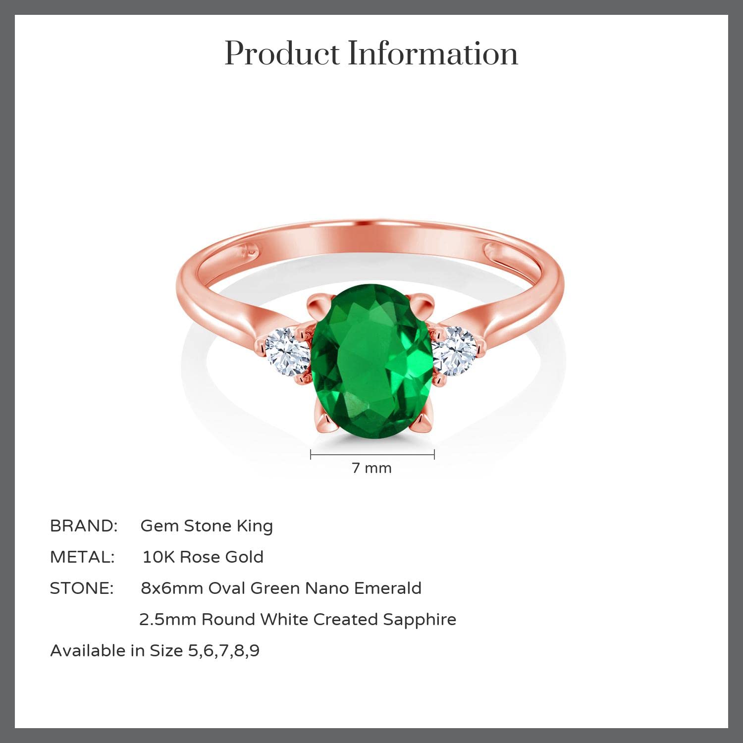 Gem Stone King 10K Rose Gold Green Simulated Emerald and White Created Sapphire 3-Stone Ring For Women (1.10 Cttw, Available In Size 5, 6, 7, 8, 9)