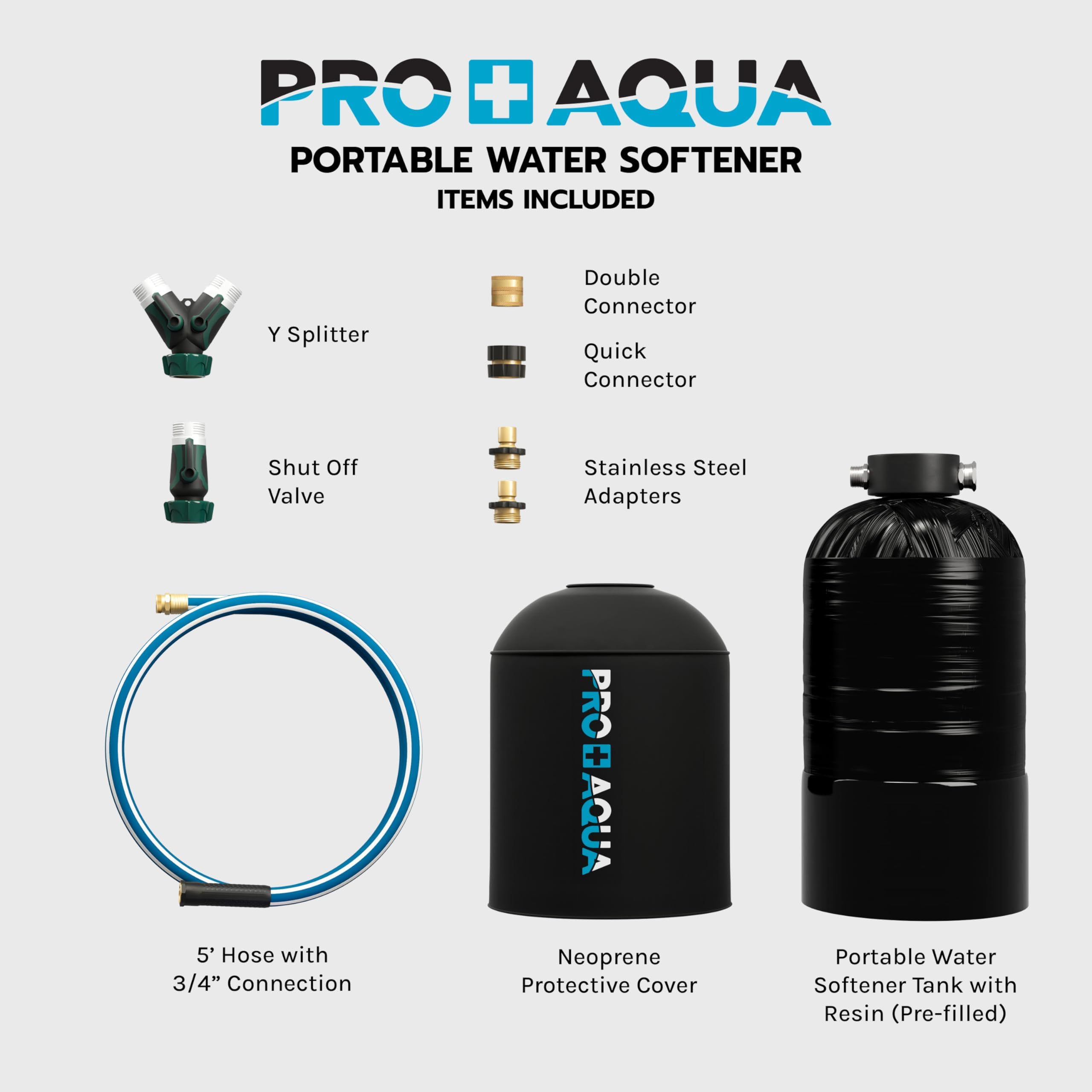 PRO+AQUA 16,000 Grain Portable Water Softener for RV, Trailers, Boats, Mobile Car Wash, Pressure Wash – Protects Water Systems from Hard Water Damage and Corrosion, with Pre-Filled High-Capacity Resin