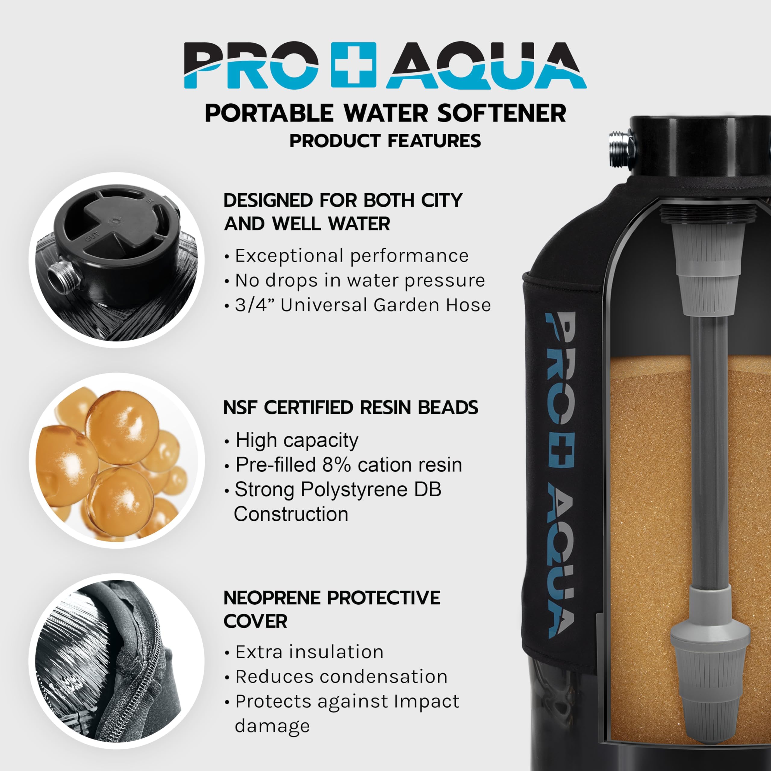 PRO+AQUA 16,000 Grain Portable Water Softener for RV, Trailers, Boats, Mobile Car Wash, Pressure Wash – Protects Water Systems from Hard Water Damage and Corrosion, with Pre-Filled High-Capacity Resin