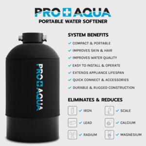 PRO+AQUA 16,000 Grain Portable Water Softener for RV, Trailers, Boats, Mobile Car Wash, Pressure Wash – Protects Water Systems from Hard Water Damage and Corrosion, with Pre-Filled High-Capacity Resin