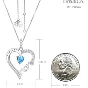 March Birthstone Jewelry for Her Birthday Gifts Aquamarine Necklace I Love You Mom Love Heart Pendant Necklace for Mother in Law Sterling Silver