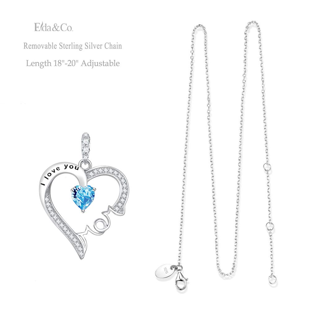 March Birthstone Jewelry for Her Birthday Gifts Aquamarine Necklace I Love You Mom Love Heart Pendant Necklace for Mother in Law Sterling Silver