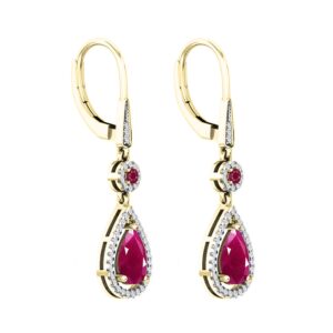 Dazzlingrock Collection 18K 8X5 MM Each Round & Pear Ruby & Round Diamond Ladies Teardrop Dangling Earrings, Yellow Gold