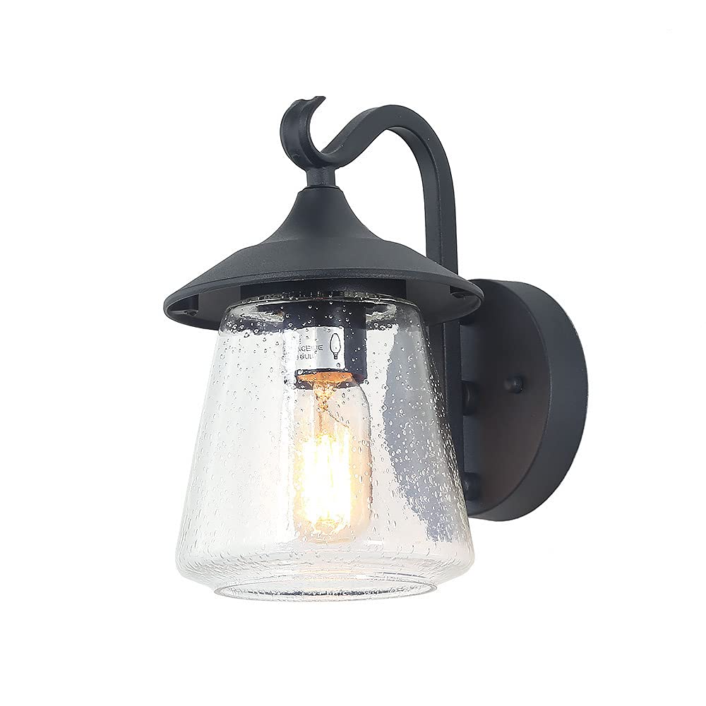 LOG BARN Outdoor Wall Light，Farmhouse Exterior Lantern in Black with Seeded Glass for Porch Barn A03356, 1-Light Light