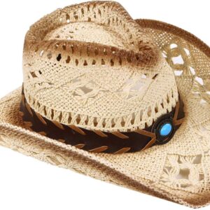 Livingston Cowboy Hat Men & Women's Woven Straw Cowgirl Hat w/Hat Band Straw, Bead Beige