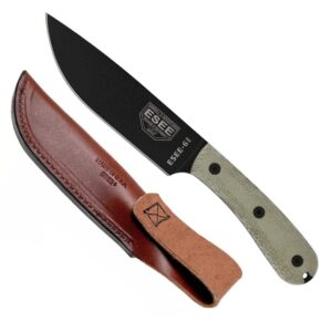 esee-6hm fixed blade survival knife, 1095 carbon steel, round modified handle, made in usa (brown leather sheath (right hand))