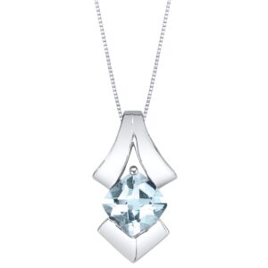 PEORA Aquamarine Pendant Necklace for Women Sterling Silver, Natural Gemstone Birthstone Floating Pagoda Solitaire, 0.75 Carat Cushion Cut 6mm, with 18 inch Italian Chain