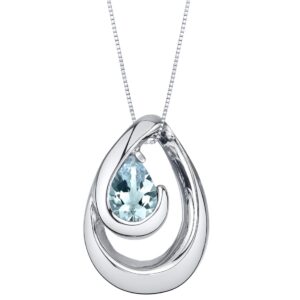 PEORA Aquamarine Wave Solitaire Pendant Necklace for Women Sterling Silver, Natural Gemstone Birthstone, 0.50 Carat Teardrop Pear Shape 7x5mm, with 18 inch Italian Chain