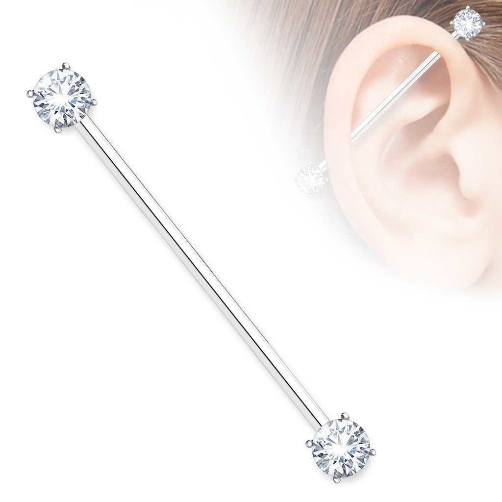 Pierced Owl 14GA 316L Surgical Steel Round CZ Crystal Industrial Barbell (Silver Tone)