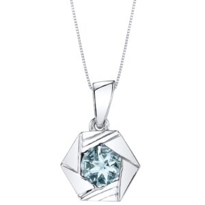 PEORA Aquamarine Cirque Pendant Necklace for Women Sterling Silver, Natural Gemstone Birthstone Solitaire, 0.75 Carat Round Shape 6mm, with 18 inch Italian Chain