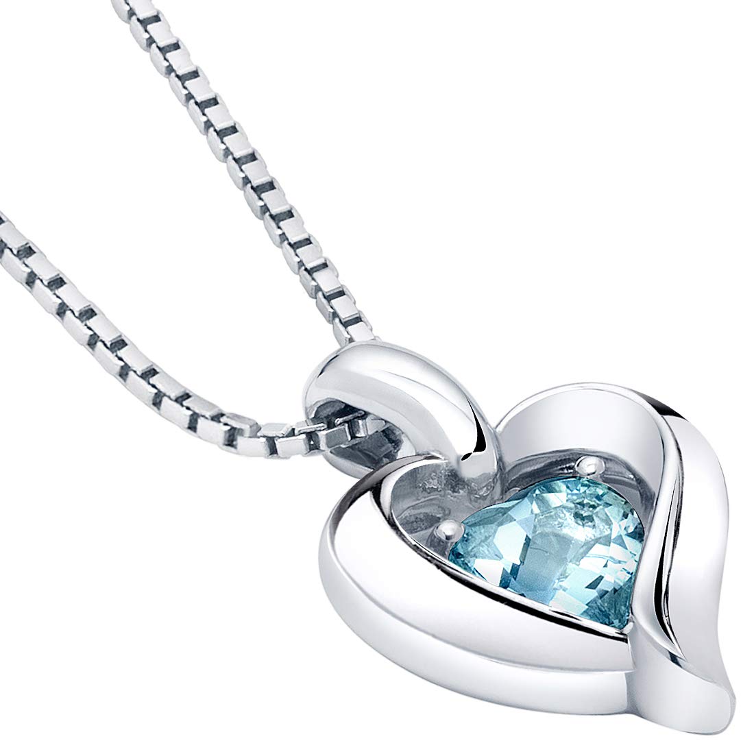 PEORA Aquamarine Pendant Necklace for Women Sterling Silver, Heart in Heart Shape Design, Genuine Gemstone Birthstone, 0.75 Carat Heart Shape 6mm, with 18 inch Italian Chain