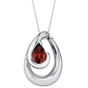 PEORA Red Garnet Wave Solitaire Pendant Necklace for Women Sterling Silver, Natural Gemstone Birthstone, 0.75 Carat Teardrop Pear Shape 7x5mm, with 18 inch Italian Chain