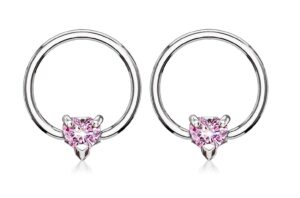 pierced owl 14ga stainless steel cz crystal heart captive bead nipple rings, sold as a pair (silver tone/pink)