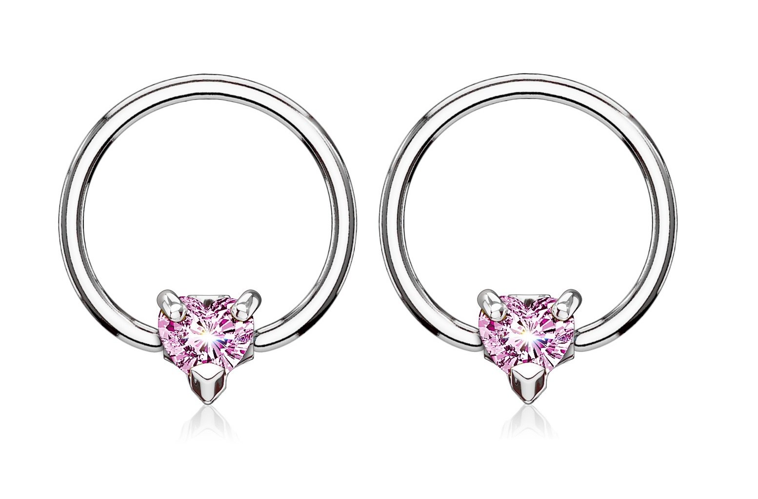 Pierced Owl 14GA Stainless Steel CZ Crystal Heart Captive Bead Nipple Rings, Sold as a Pair (Silver Tone/Pink)