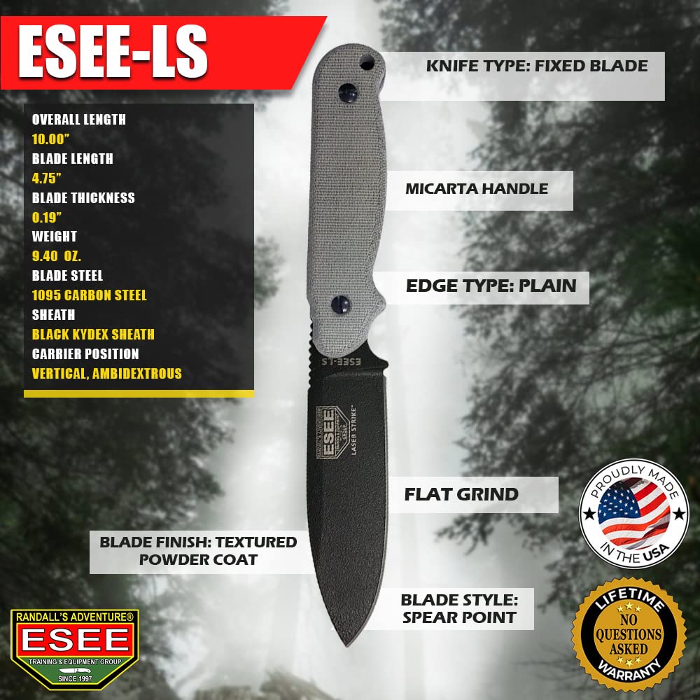 ESEE LS-P-E Laser Strike Black, Micarta Handle, Black Kydex Sheath