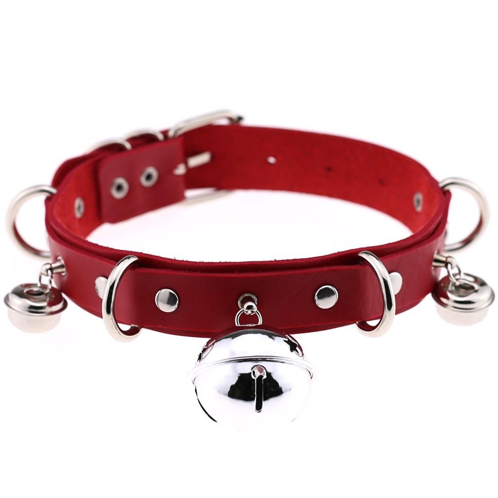 FM FM42 Red PU Simulated Leather Silver-tone 4cm Large Bell Rivets Neckband Choker Necklace PN1872