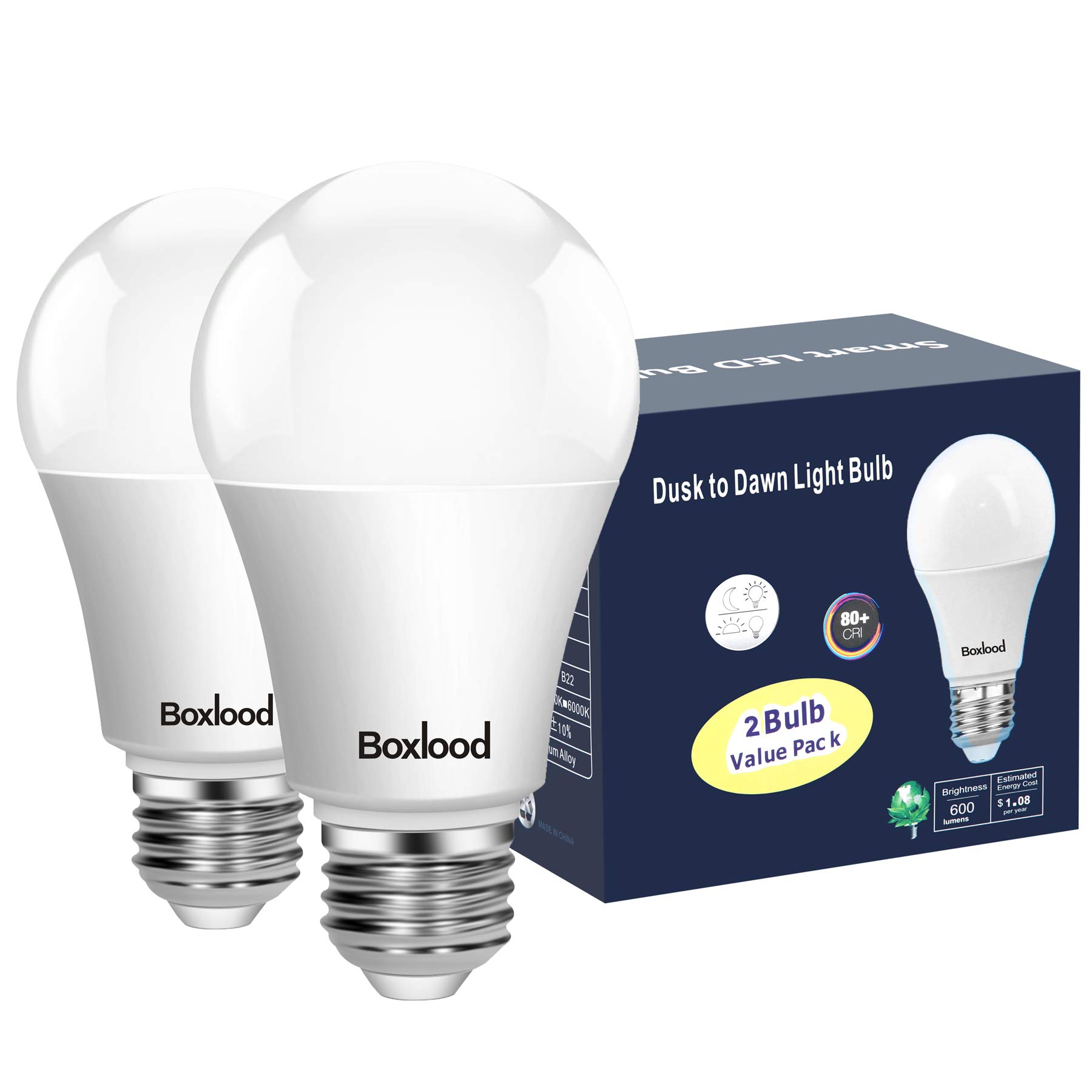 Dusk to Dawn Light Bulb,Build in Light Sensor Detector,9W(60W Equivalent),A19 Photocell Sensor Bulb,No Timer Required,3000K Warm White,for Indoor or Outdoor Use,Boundary,Garage,Patio,2-Pack by Boxlood