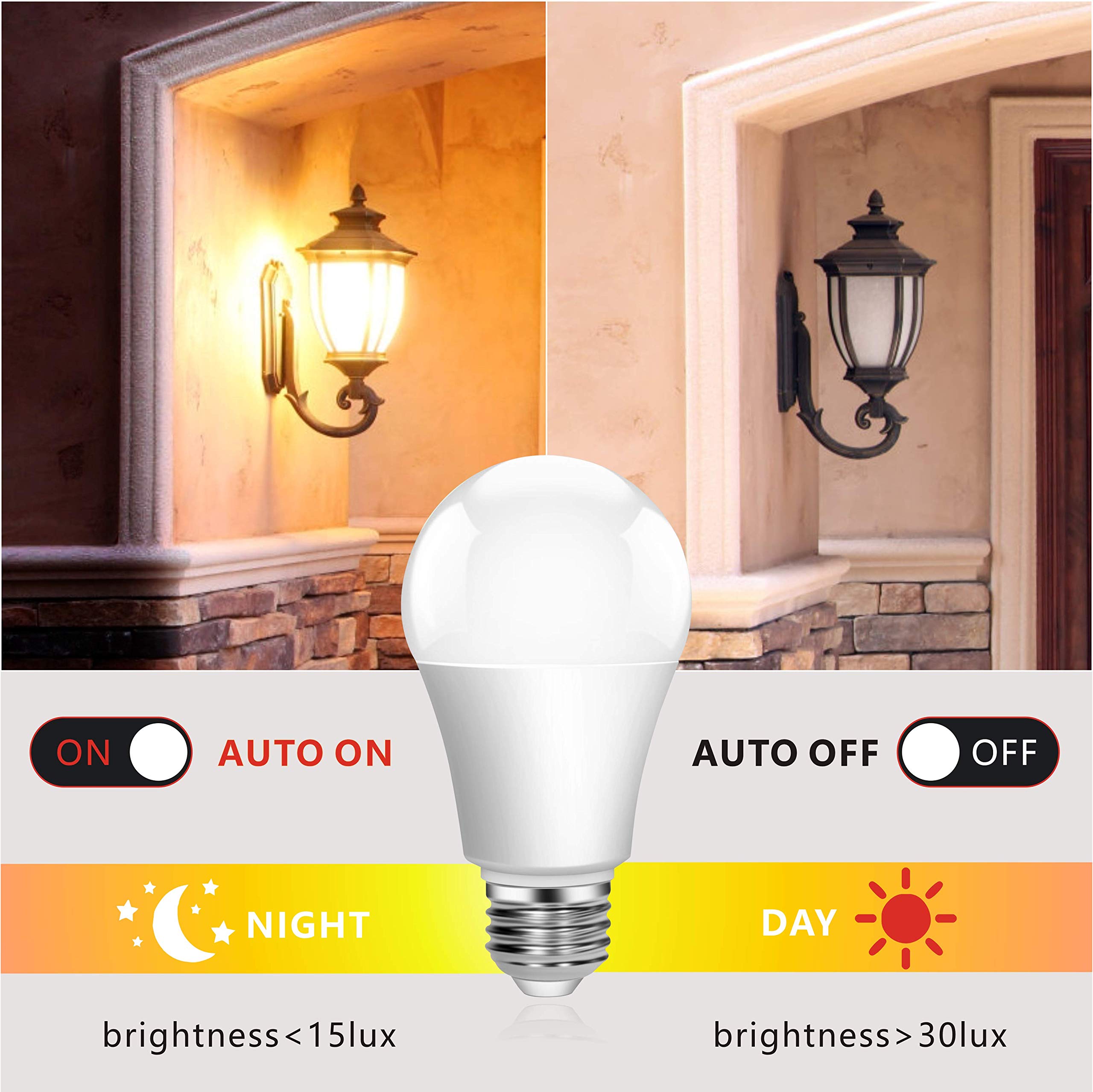 Dusk to Dawn Light Bulb,Build in Light Sensor Detector,9W(60W Equivalent),A19 Photocell Sensor Bulb,No Timer Required,3000K Warm White,for Indoor or Outdoor Use,Boundary,Garage,Patio,2-Pack by Boxlood