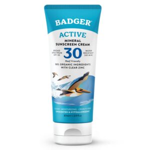 badger mineral sunscreen cream spf 30, all natural sunscreen with zinc oxide, 98% organic ingredients, reef safe, broad spectrum, water resistant, unscented, 2.9 fl oz