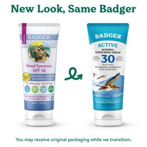 Badger Mineral Sunscreen Cream SPF 30, All Natural Sunscreen with Zinc Oxide, 98% Organic Ingredients, Reef Safe, Broad Spectrum, Water Resistant, Unscented, 2.9 fl oz