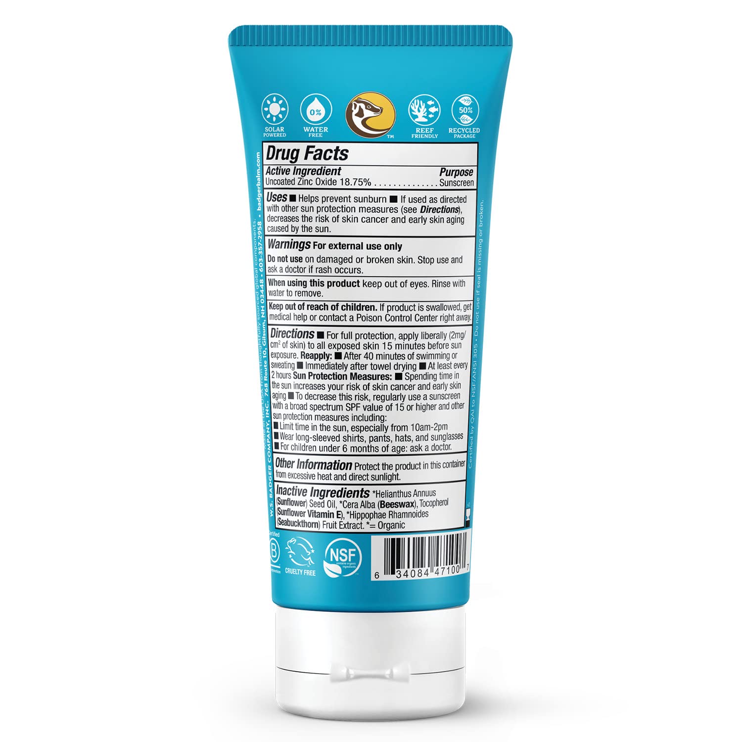 Badger Mineral Sunscreen Cream SPF 30, All Natural Sunscreen with Zinc Oxide, 98% Organic Ingredients, Reef Safe, Broad Spectrum, Water Resistant, Unscented, 2.9 fl oz