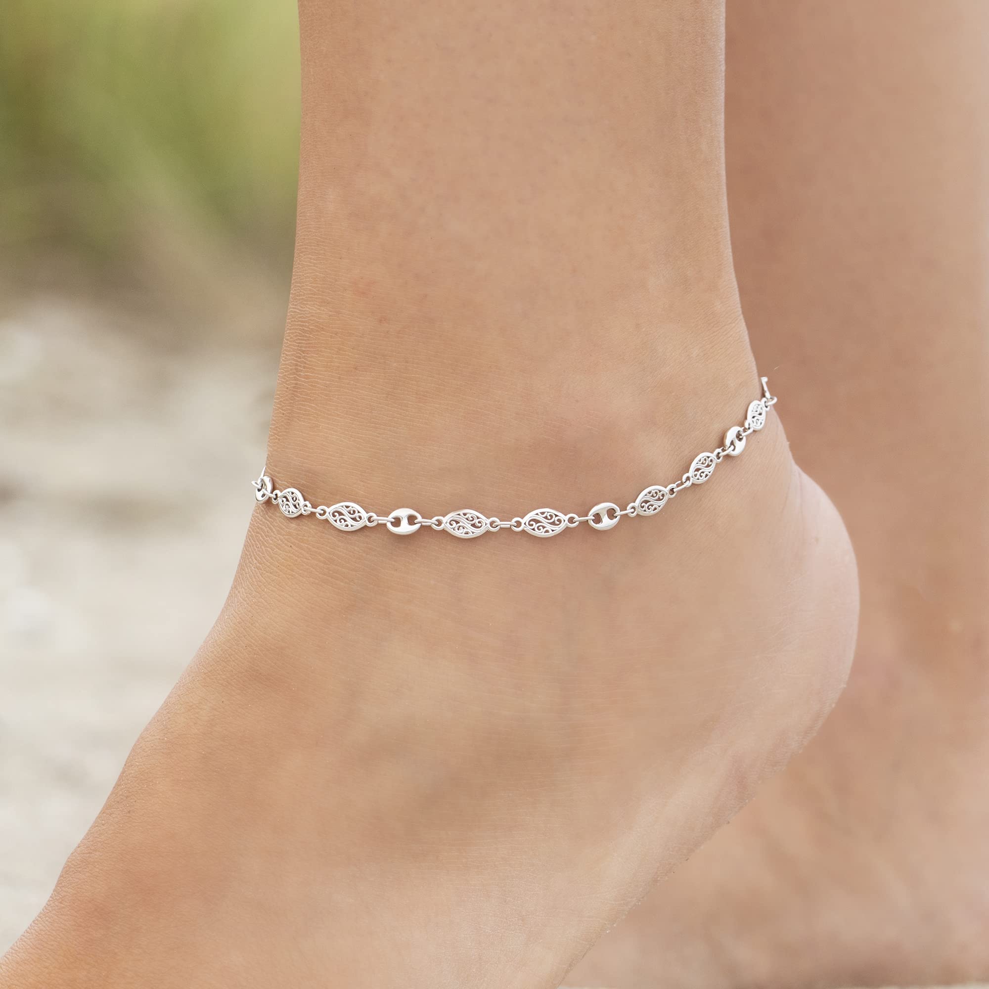 Ross-Simons Sterling Silver Navette-Style Openwork Anklet. 10 inches