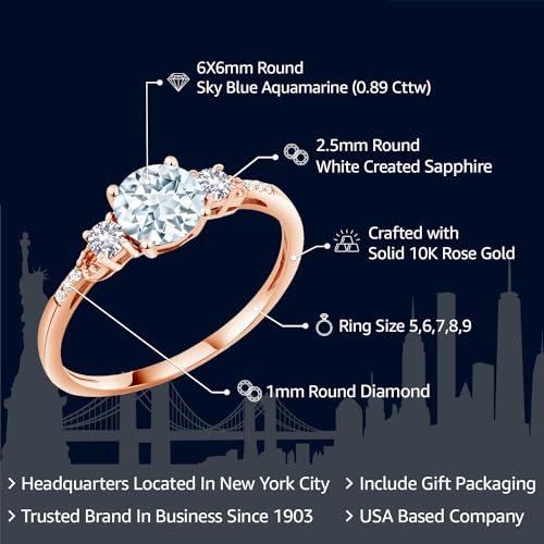 Gem Stone King 10K Rose Gold 6MM Round Gemstone Birthstone White Created Sapphire and White Diamond Accent 3-Stone Engagement Ring | Three-Stone Wedding Anniversary Promise Ring For Women