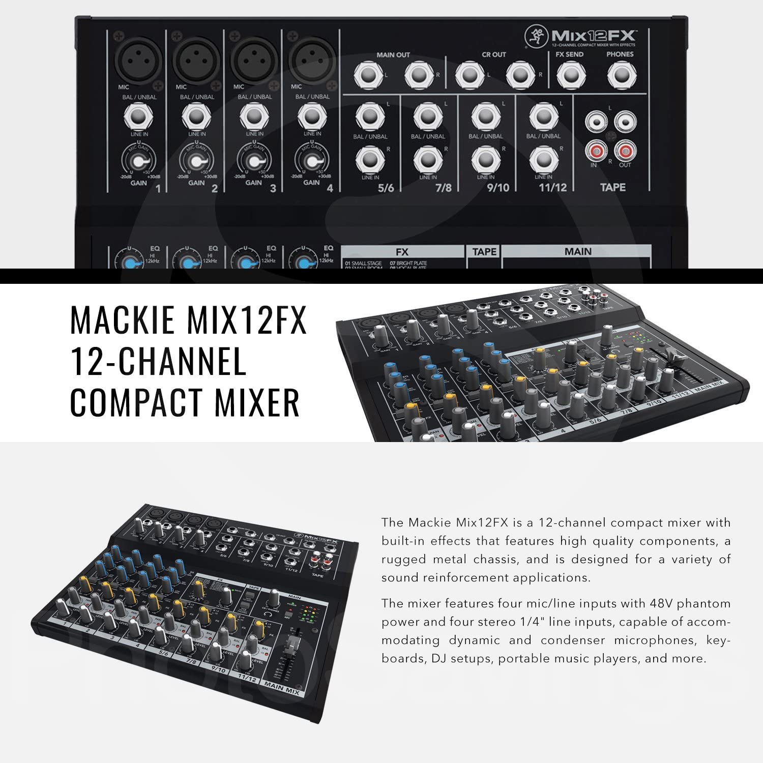 Mackie Mix Series Mix12FX 12-Channel Compact Mixer and Basic Bundle with XLR Cable + 1/4" Cable + More