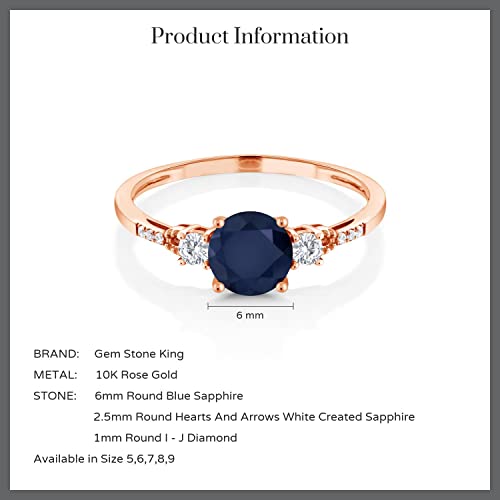 Gem Stone King 10K Rose Gold 6MM Round Gemstone Birthstone White Created Sapphire and White Diamond Accent 3-Stone Engagement Ring | Three-Stone Wedding Anniversary Promise Ring For Women