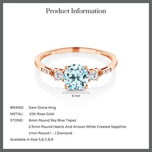 Gem Stone King 10K Rose Gold 6MM Round Gemstone Birthstone White Created Sapphire and White Diamond Accent 3-Stone Engagement Ring | Three-Stone Wedding Anniversary Promise Ring For Women