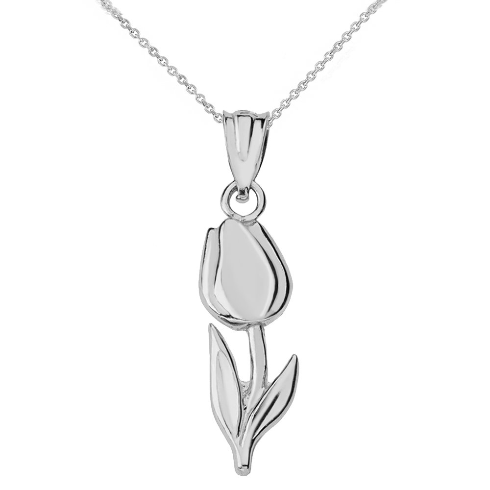 Beautiful 10k White Gold Floral Tulip Flower Charm Pendant Necklace, 18"