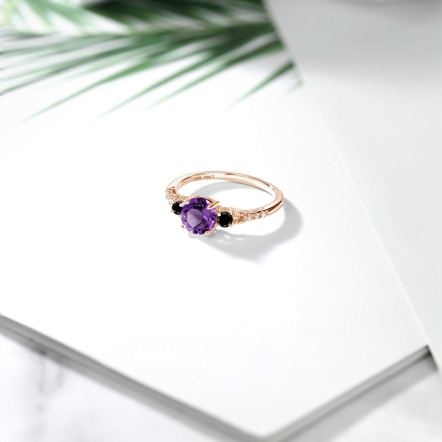 Gem Stone King 10K Rose Gold Purple Amethyst Black Diamond and White Diamond Accent 3-Stone Engagement Ring For Women | 0.87 Cttw | Gemstone Birthstone | Round 6MM & 2.5MM (Size 8)