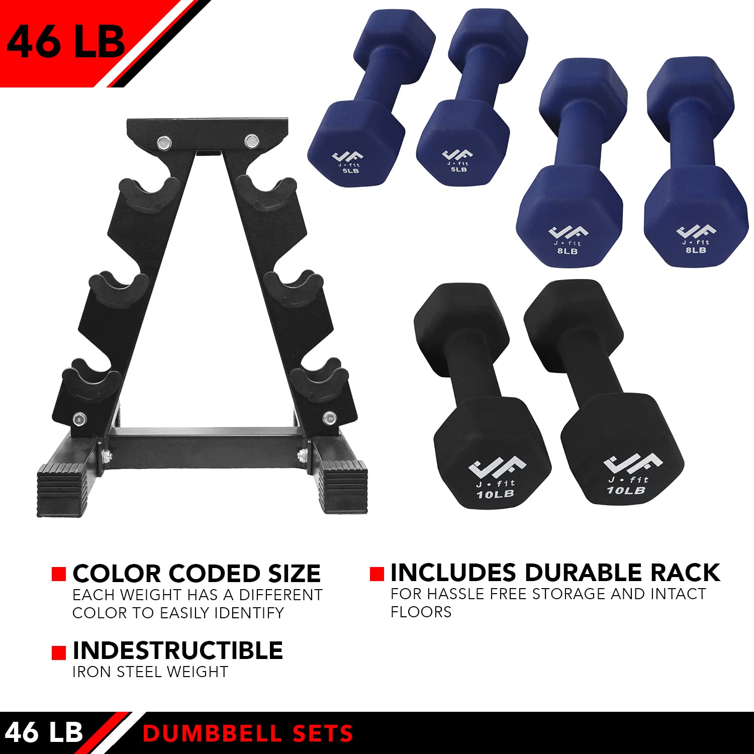 JFIT Dumbbell Set w/Durable Rack, Double Neoprene Coated Workout Weights, Solid Design Rack, 46 LB Set