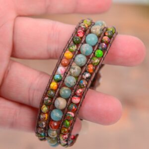 YGLINE Boho Handmade Natural Stone Bead 3 Row Wide Wrap Wrist Statment Bracelet Jewelry Collection (regalite ＆agalmatolite)