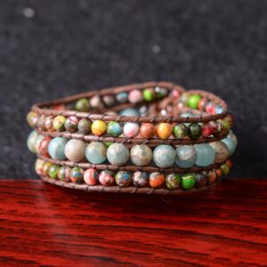 YGLINE Boho Handmade Natural Stone Bead 3 Row Wide Wrap Wrist Statment Bracelet Jewelry Collection (regalite ＆agalmatolite)