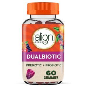 align dualbiotic, prebiotic + probiotic for women and men, help nourish and add good bacteria for digestive support, natural fruit flavors, 60 gummies